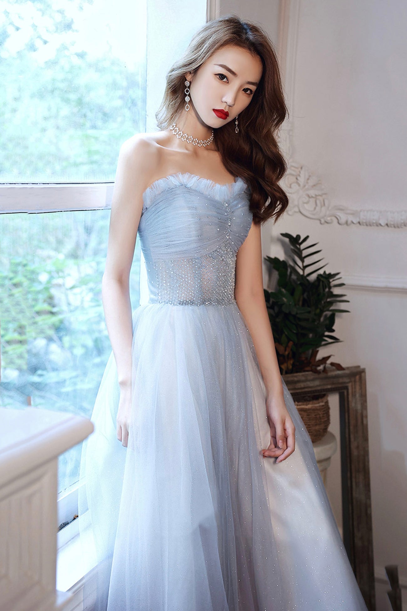 Blue Tulle Long A-Line Prom Dress with Beaded, Blue Strapless Evening Dress