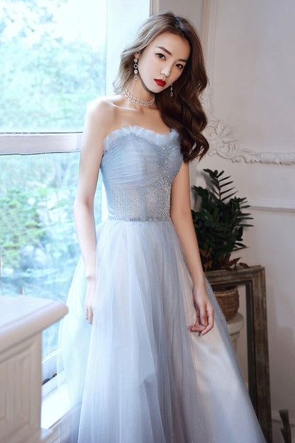 Blue Tulle Long A-Line Prom Dress with Beaded, Blue Strapless Evening Dress