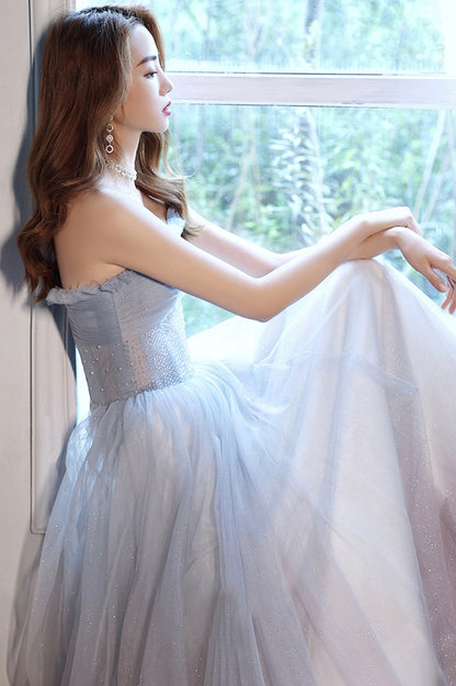 Blue Tulle Long A-Line Prom Dress with Beaded, Blue Strapless Evening Dress