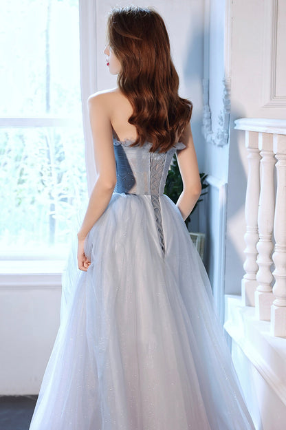 Blue Tulle Long A-Line Prom Dress with Beaded, Blue Strapless Evening Dress