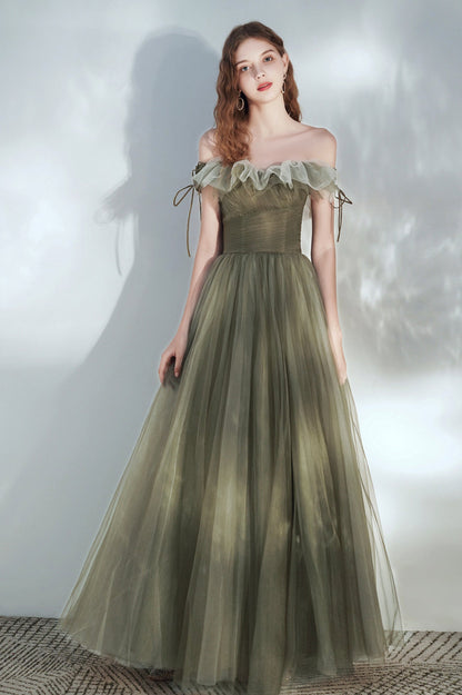 Green Tulle Long Prom Dress, Lovely Off the Shoulder Graduation Dress