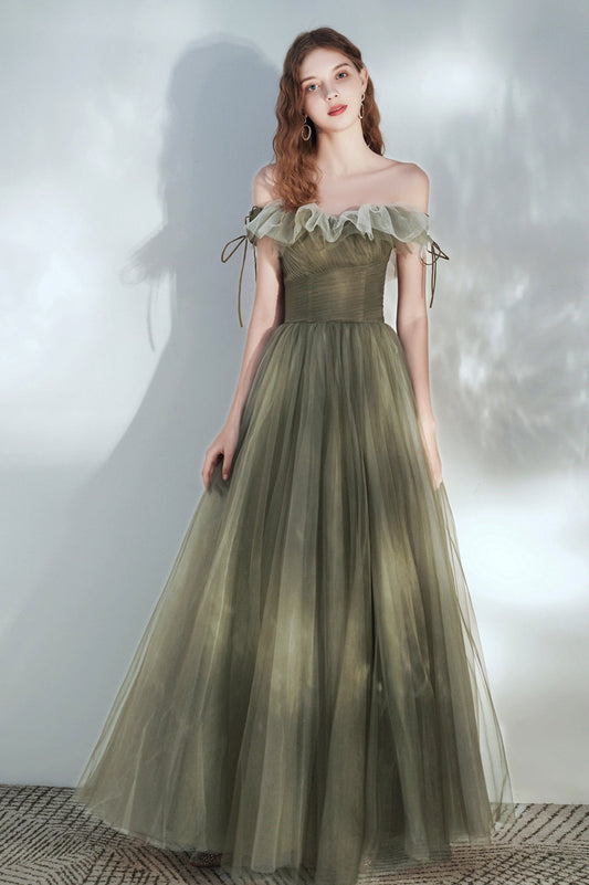 Green Tulle Long Prom Dress, Lovely Off the Shoulder Graduation Dress