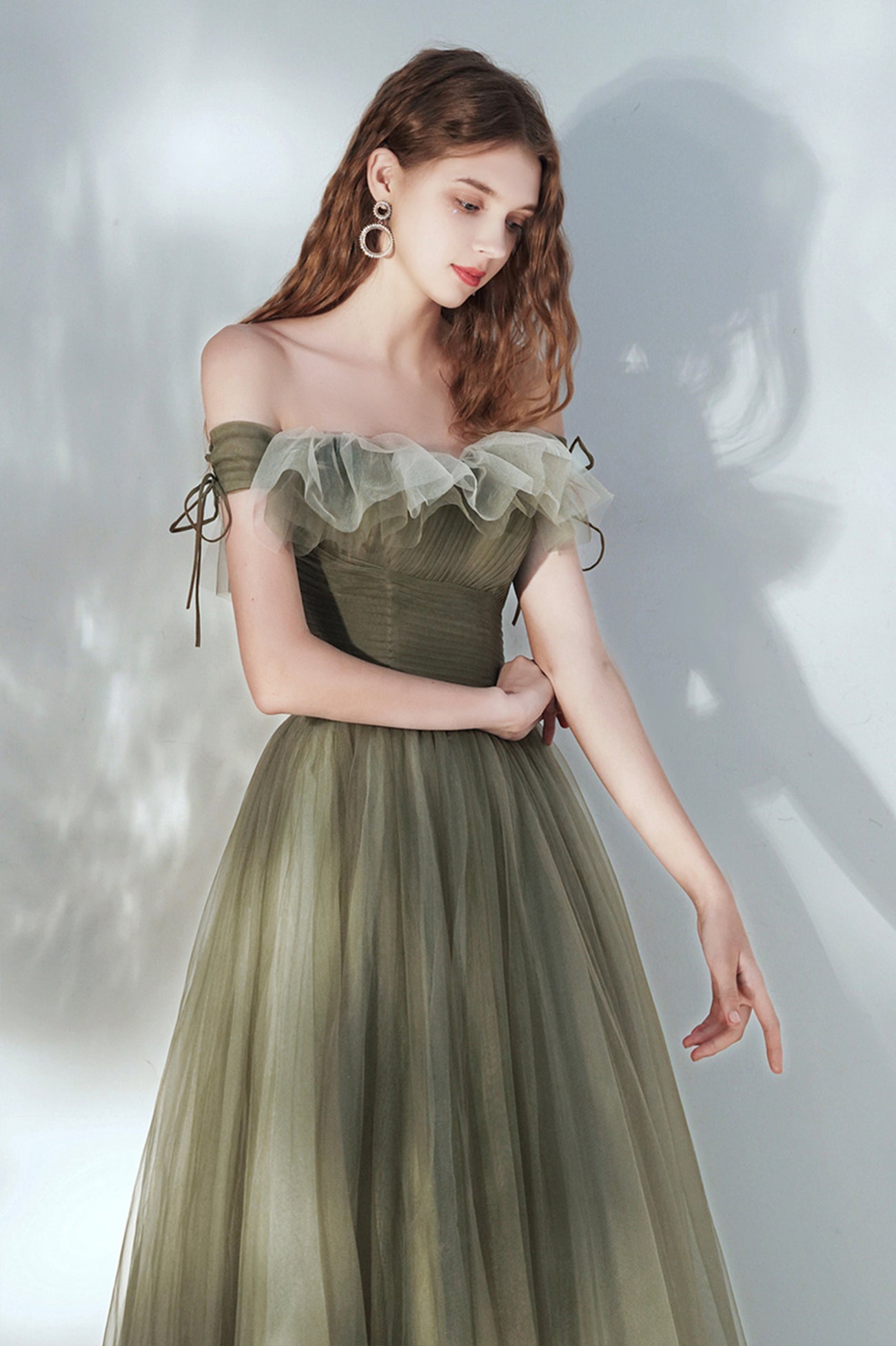 Green Tulle Long Prom Dress, Lovely Off the Shoulder Graduation Dress
