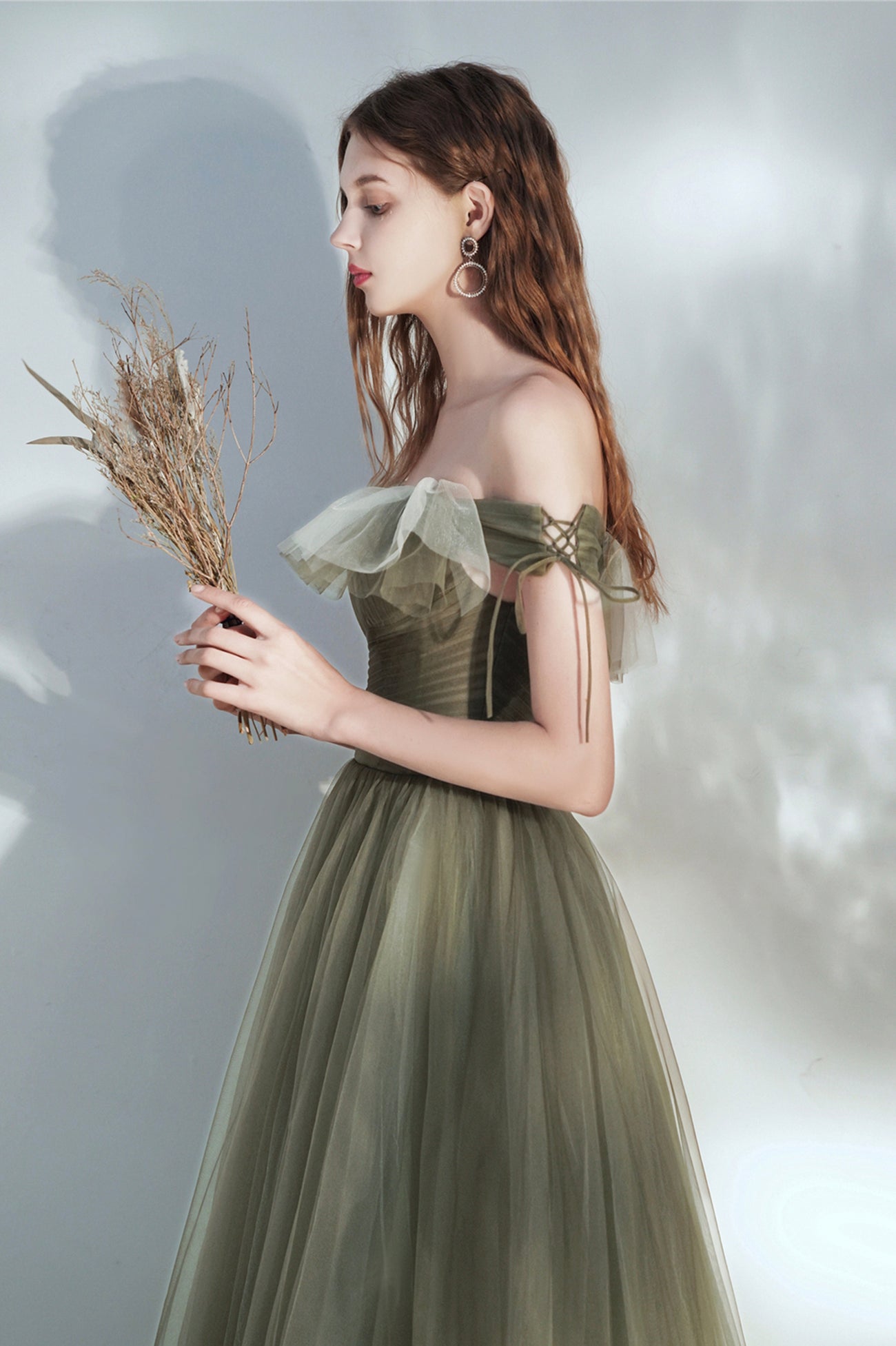 Green Tulle Long Prom Dress, Lovely Off the Shoulder Graduation Dress