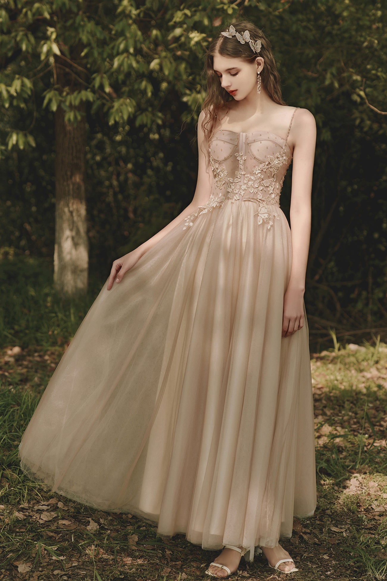A-Line Tulle Lace Long Evening Dress, Cute Spaghetti Strap Prom Dress