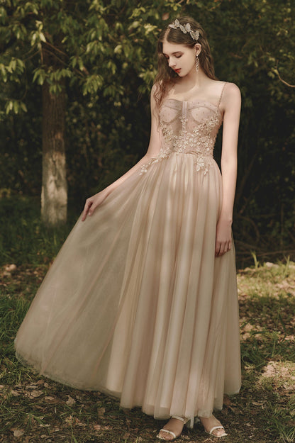 A-Line Tulle Lace Long Evening Dress, Cute Spaghetti Strap Prom Dress