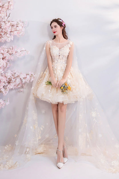 Champagne Scoop Neckline Lace Short Prom Dress, A-Line Homecoming Party Dress