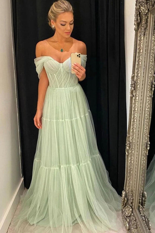 Green Tulle Long A-Line Prom Dress, Off the Shoulder Evening Party Dress