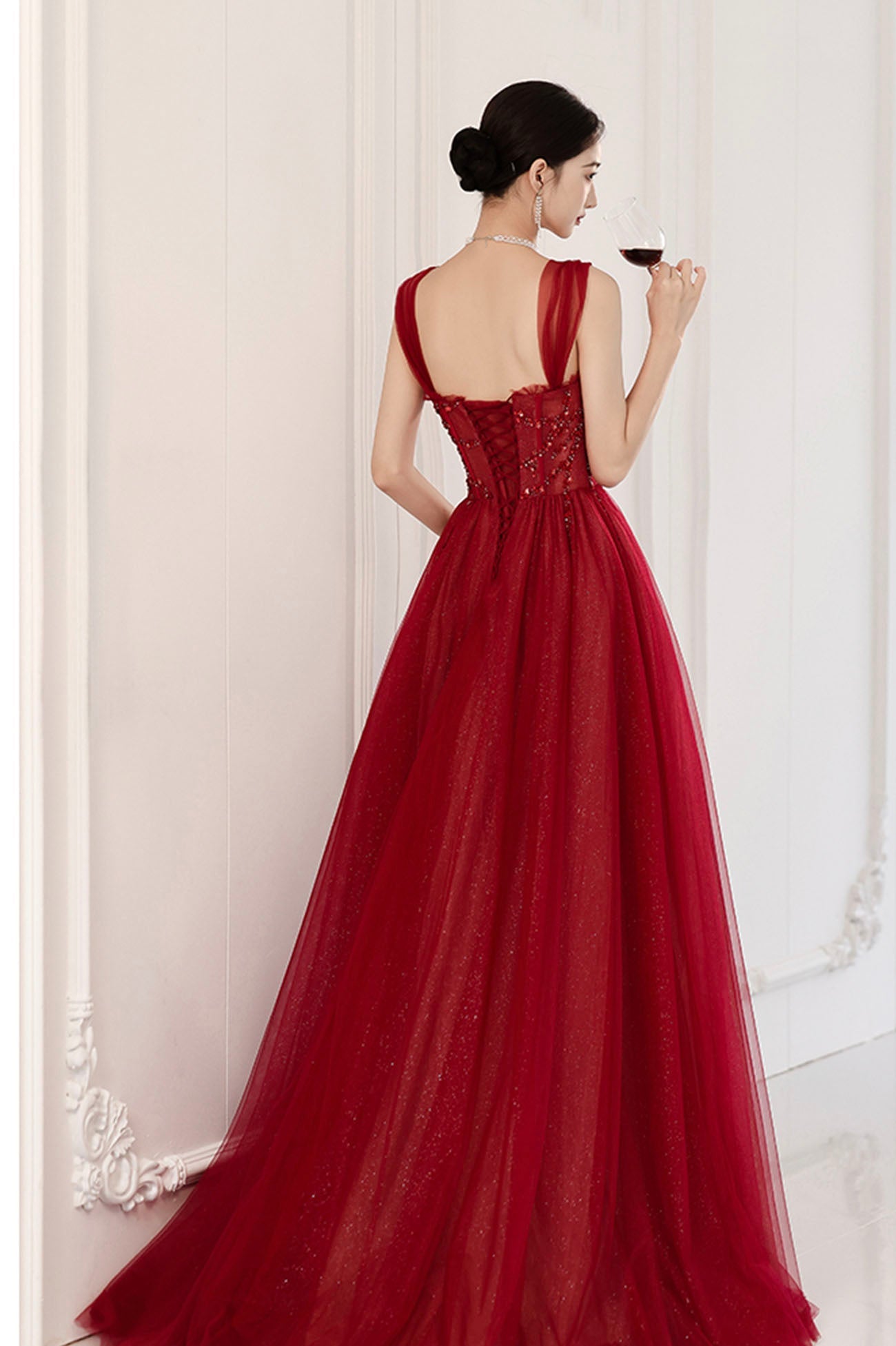 Red Off the Shoulder Tulle Long Formal Evening Dress, A-Line Sequins Party Dress