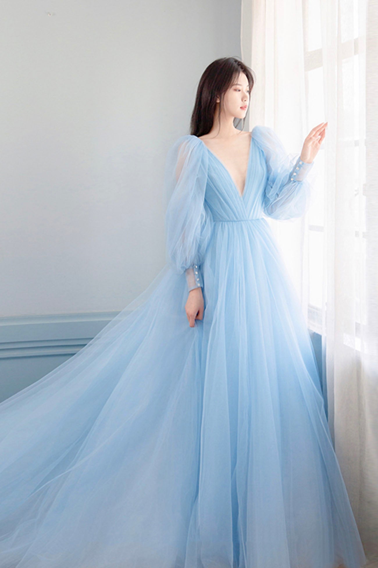 Blue V-Neck Tulle Long Prom Dress, Beautiful Puff Sleeve Evening Dress
