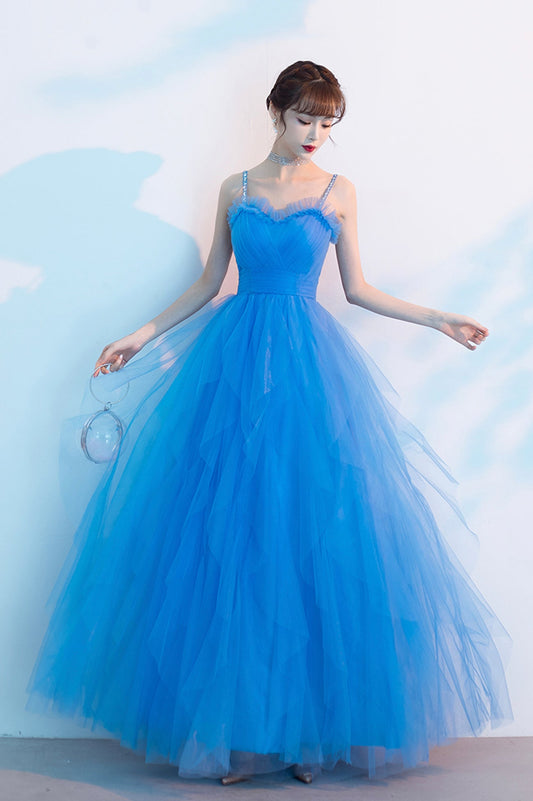 Blue Spaghetti Strap Tulle Long Prom Dress, Cute Blue Evening Party Dress