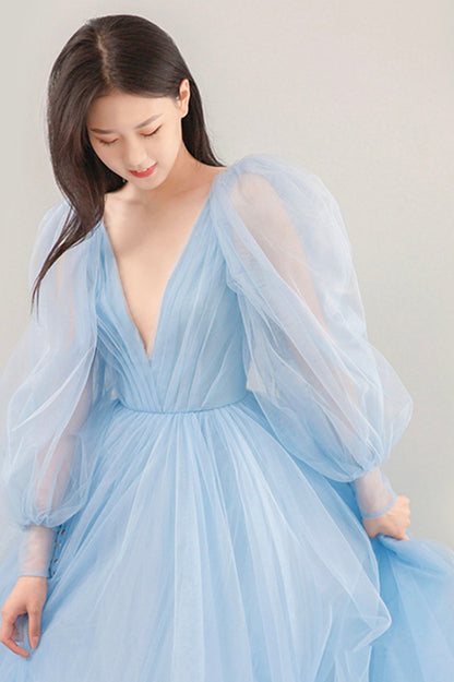 Blue V-Neck Tulle Long Prom Dress, Beautiful Puff Sleeve Evening Dress