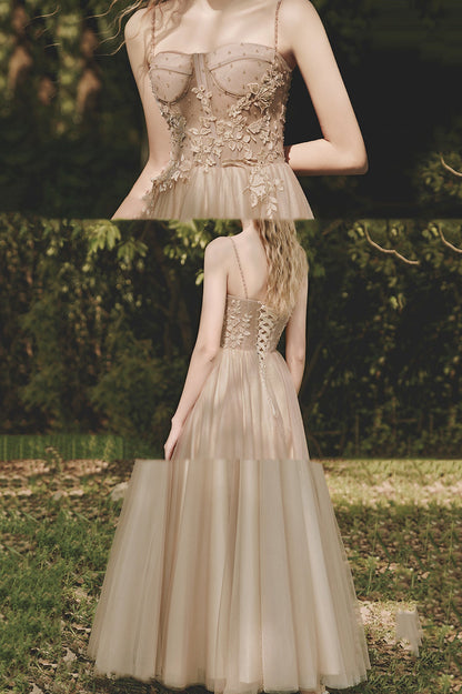 A-Line Tulle Lace Long Evening Dress, Cute Spaghetti Strap Prom Dress