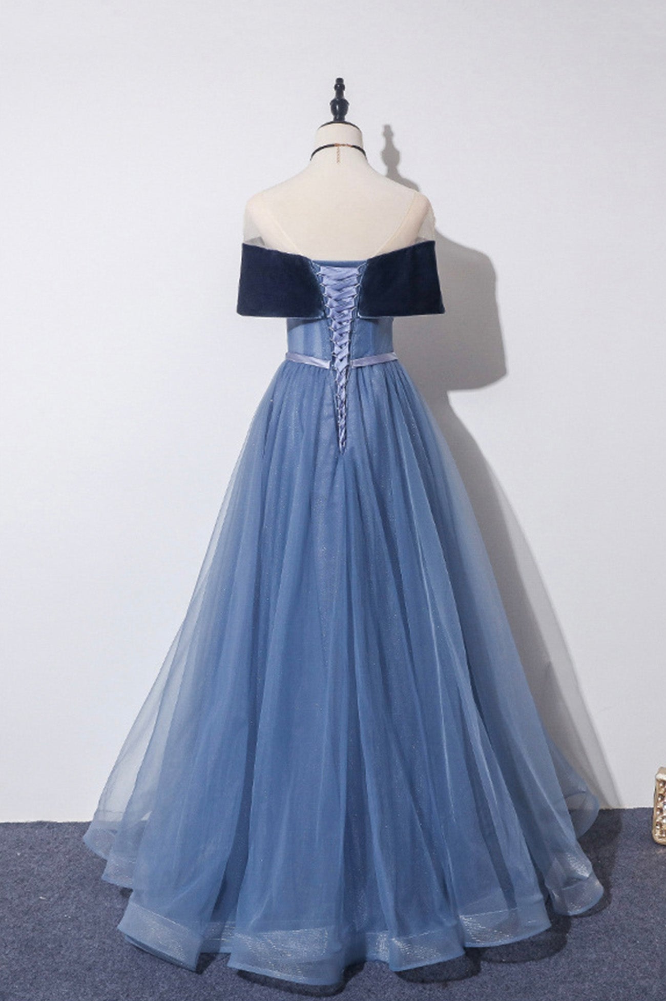 Blue Velvet Tulle Long A-Line Prom Dress, Off the Shoulder Evening Dress