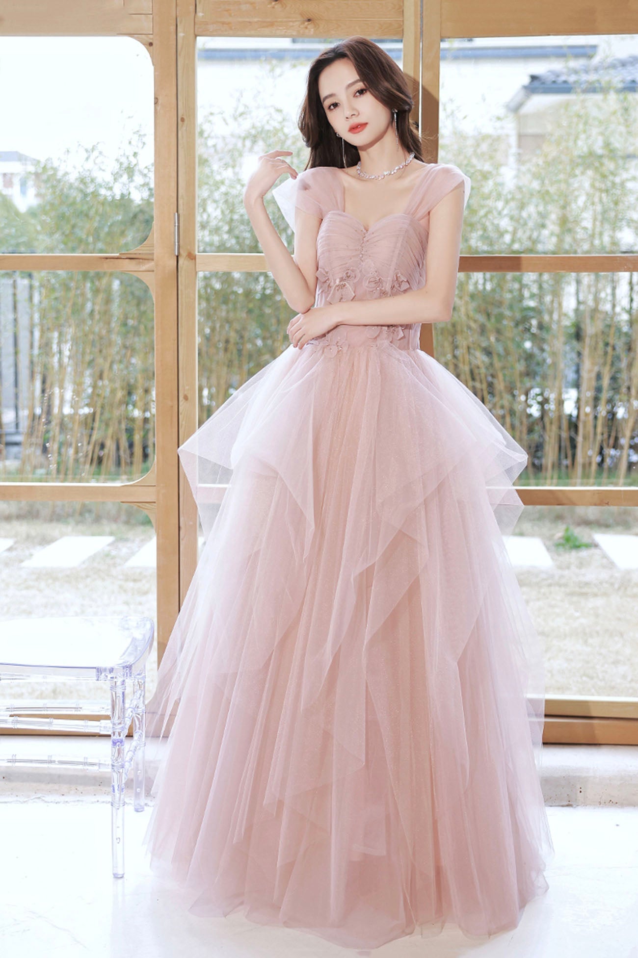 Pink Tulle Layers Floor Length Prom Dress, Cute Strapless Evening Party Dress