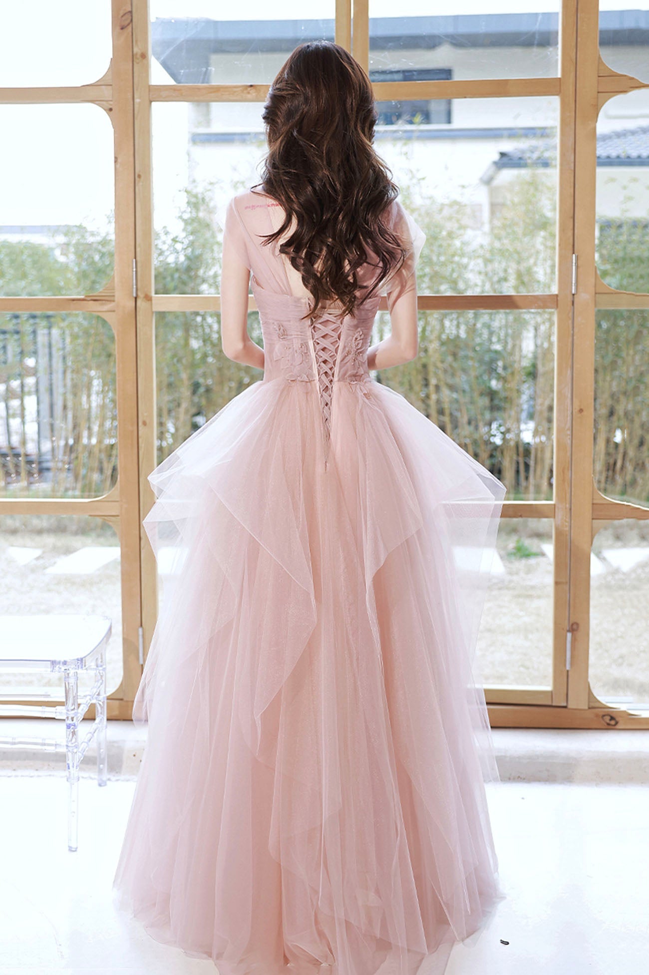 Pink Tulle Layers Floor Length Prom Dress, Cute Strapless Evening Party Dress