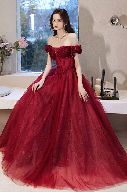 Burgundy Off the Shoulder Prom Dress Sparkly Party Dress, A-line Evening Dress