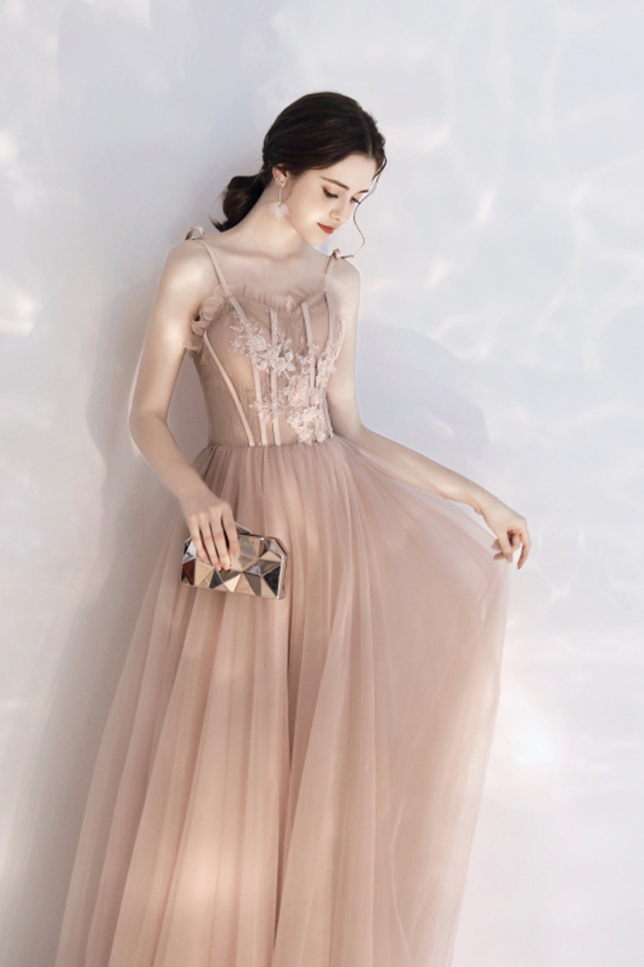 Pink Tulle Long A-Line Prom Dress with Lace, Pink Evening Party Dress