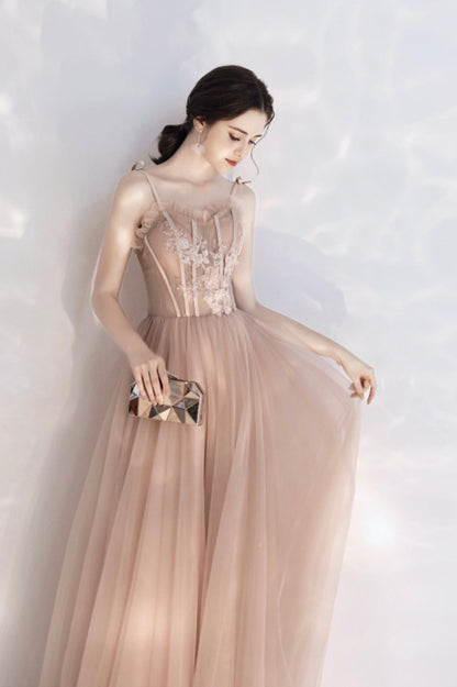 Pink Tulle Long A-Line Prom Dress with Lace, Pink Evening Party Dress