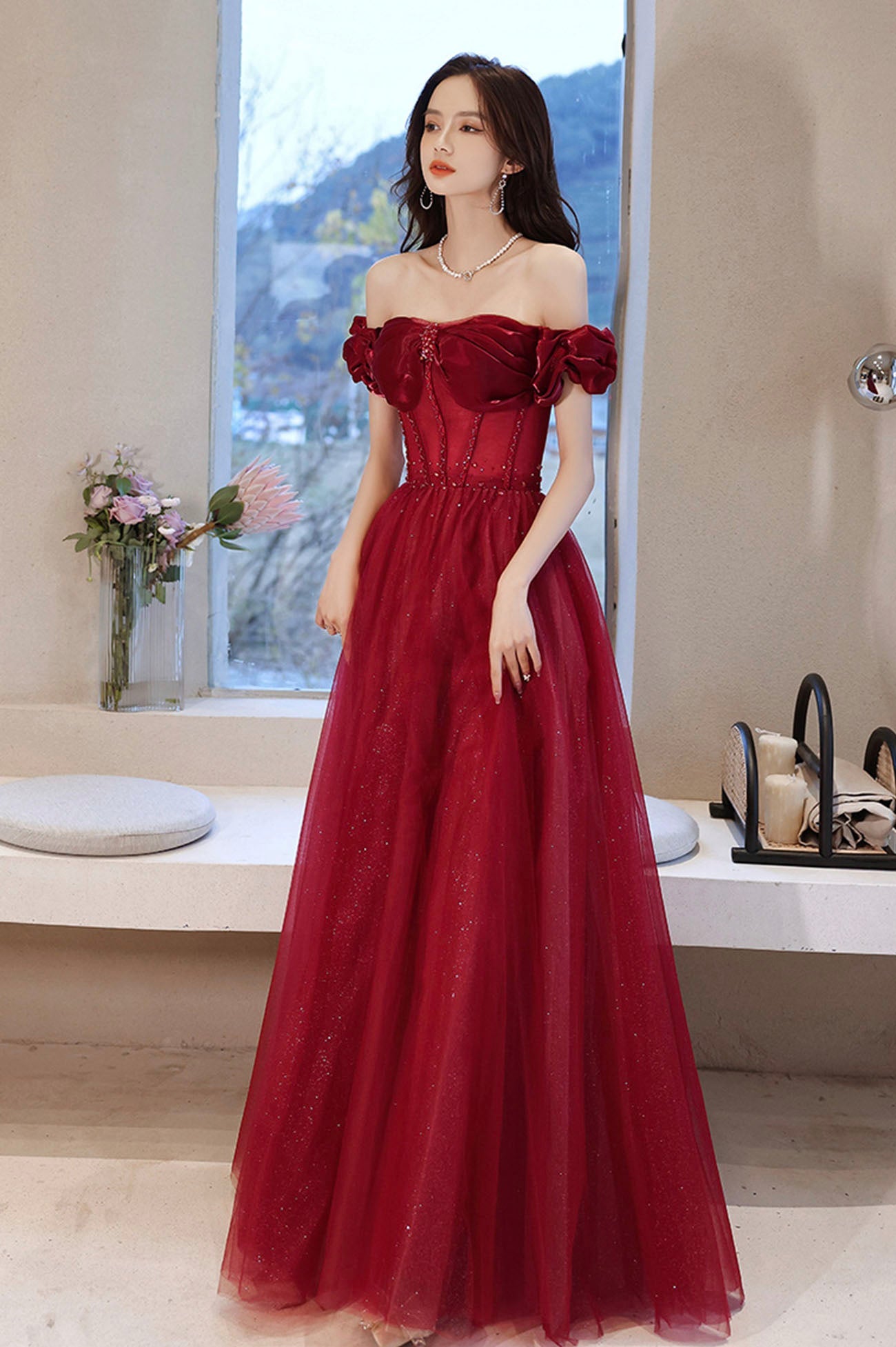 Burgundy Off the Shoulder Prom Dress Sparkly Party Dress, A-line Evening Dress