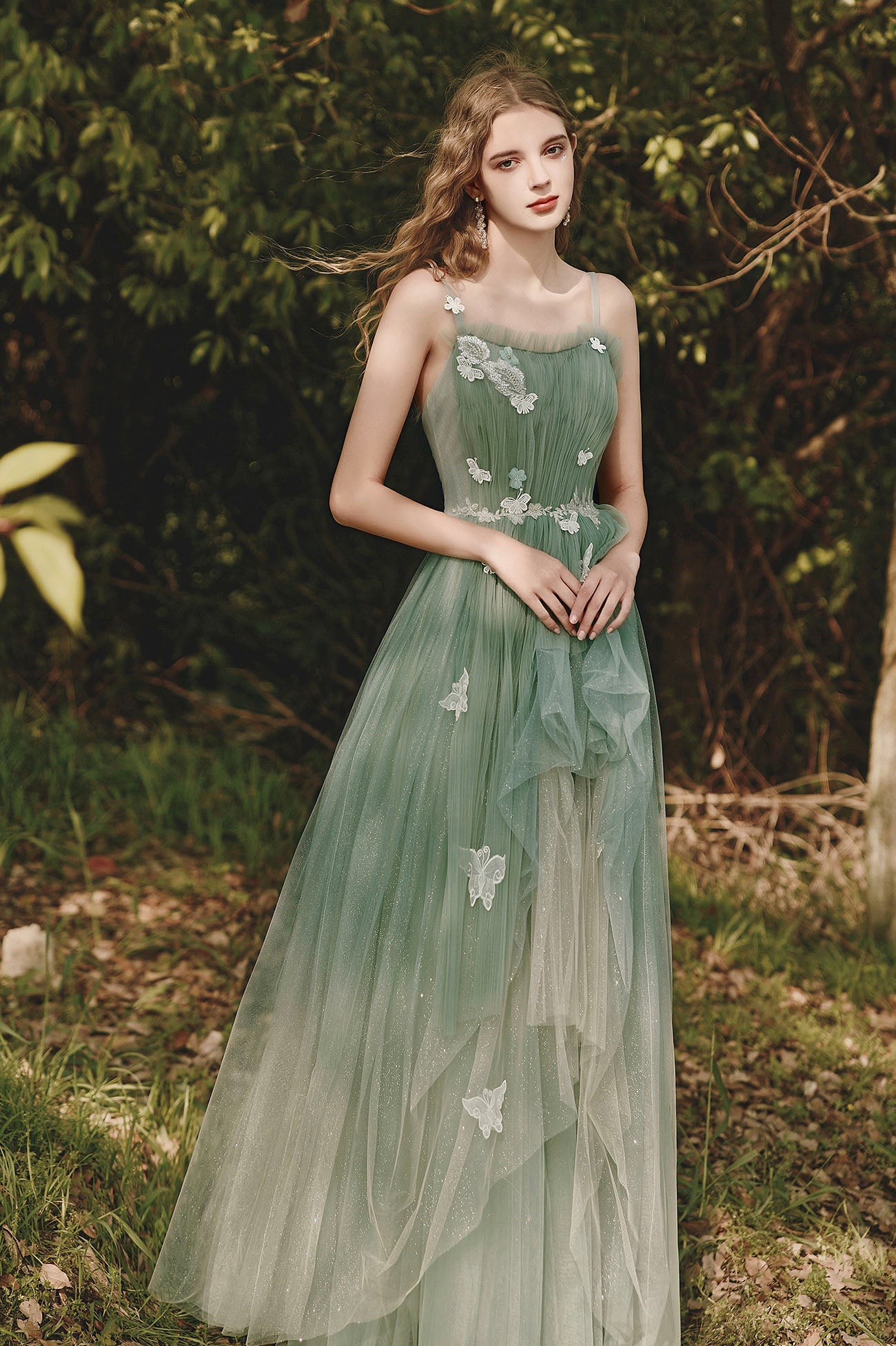 Green Tulle Long A-Line Prom Dress with Lace, Beautiful Spaghetti Strap Graduation Dress