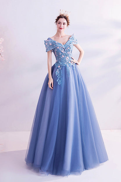 Blue Lace Off the Shoulder Prom Dress, A-Line Evening Graduation Dress