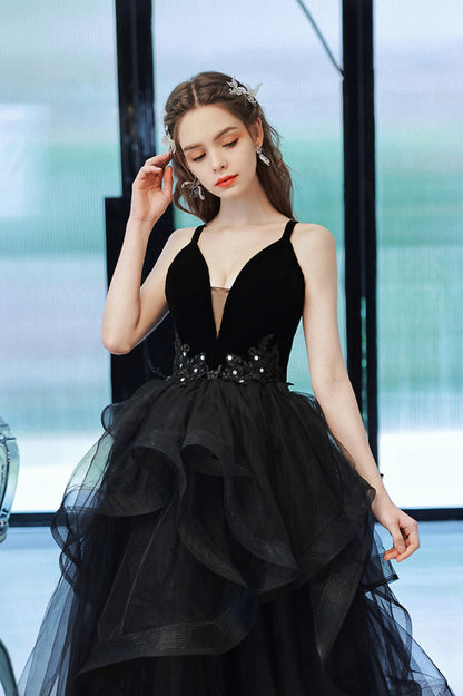Black V-Neck Tulle Long Prom Dress, Black Graduation Dress with Lace