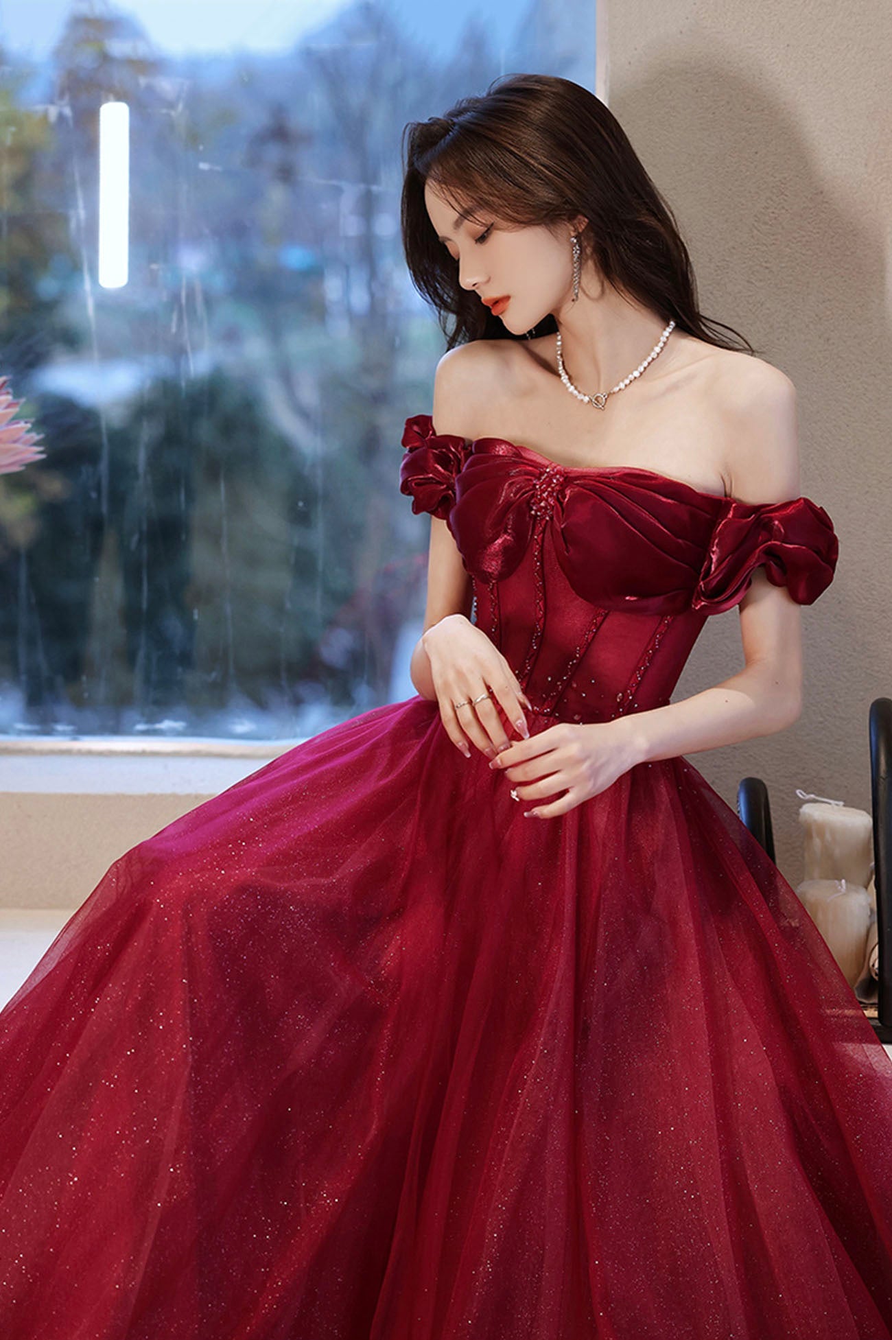 Burgundy Off the Shoulder Prom Dress Sparkly Party Dress, A-line Evening Dress