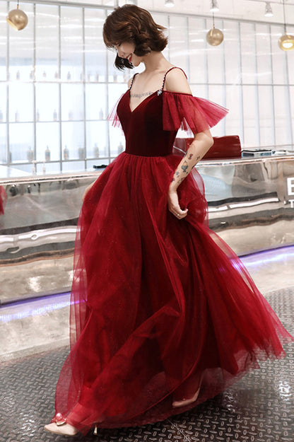 Burgundy A-Line Spaghetti Straps Long Prom Dress, Simple V-Neck Evening Dress