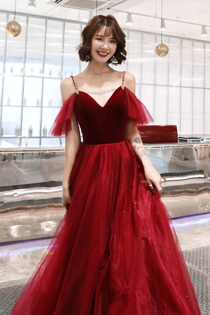 Burgundy A-Line Spaghetti Straps Long Prom Dress, Simple V-Neck Evening Dress