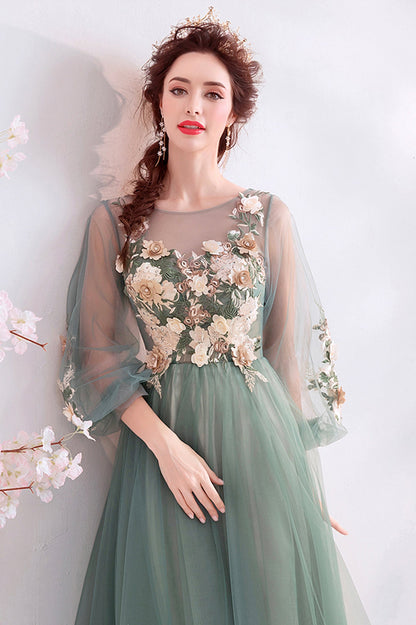 Green Scoop Neckline Lace Evening Dress, A-Line Long Sleeve Prom Dress