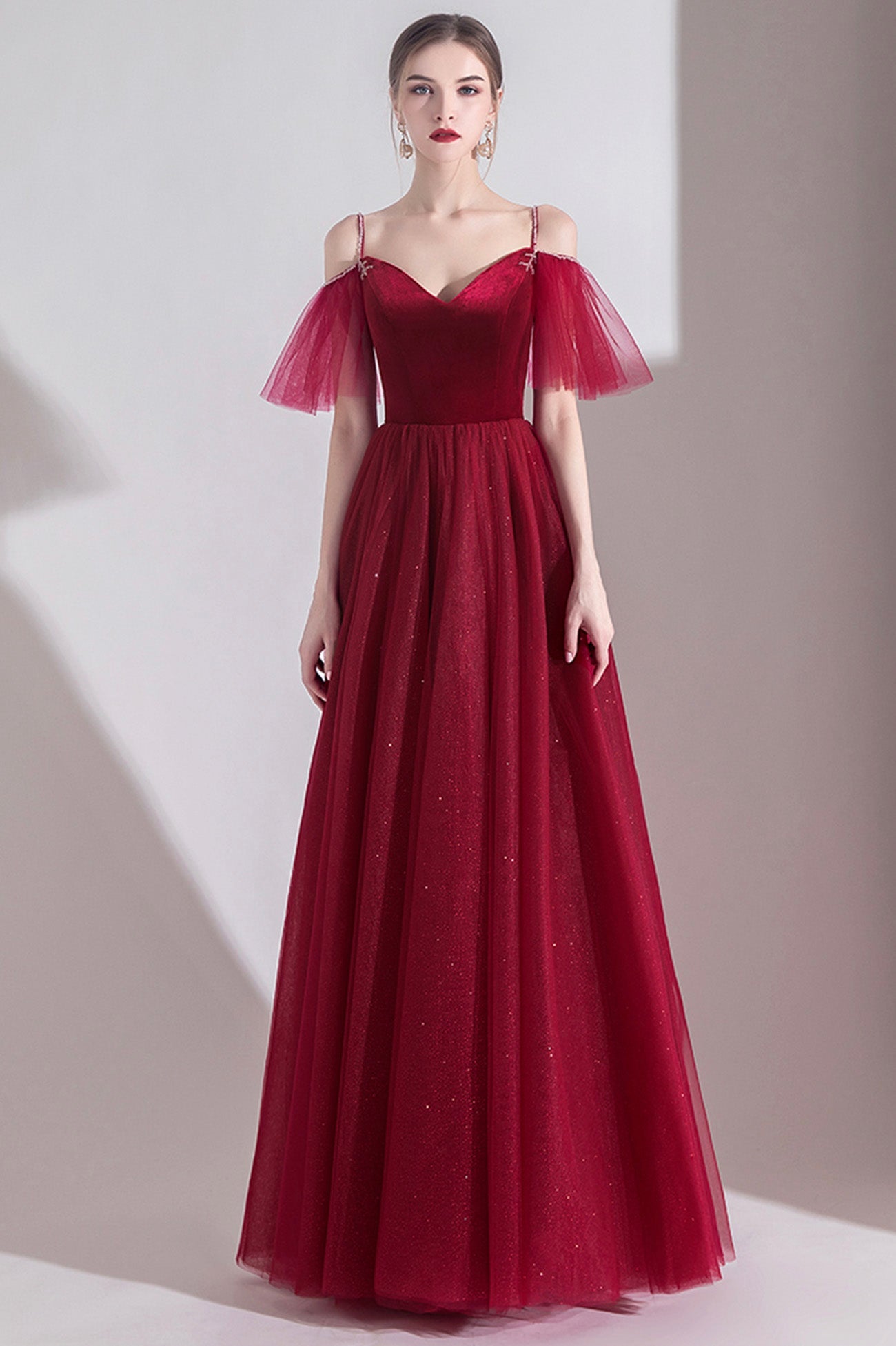 Burgundy Velvet Tulle Long A-Line Prom Dress, V-Neck Evening Dress