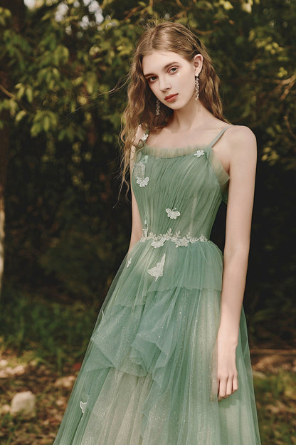Green Tulle Long A-Line Prom Dress with Lace, Beautiful Spaghetti Strap Graduation Dress