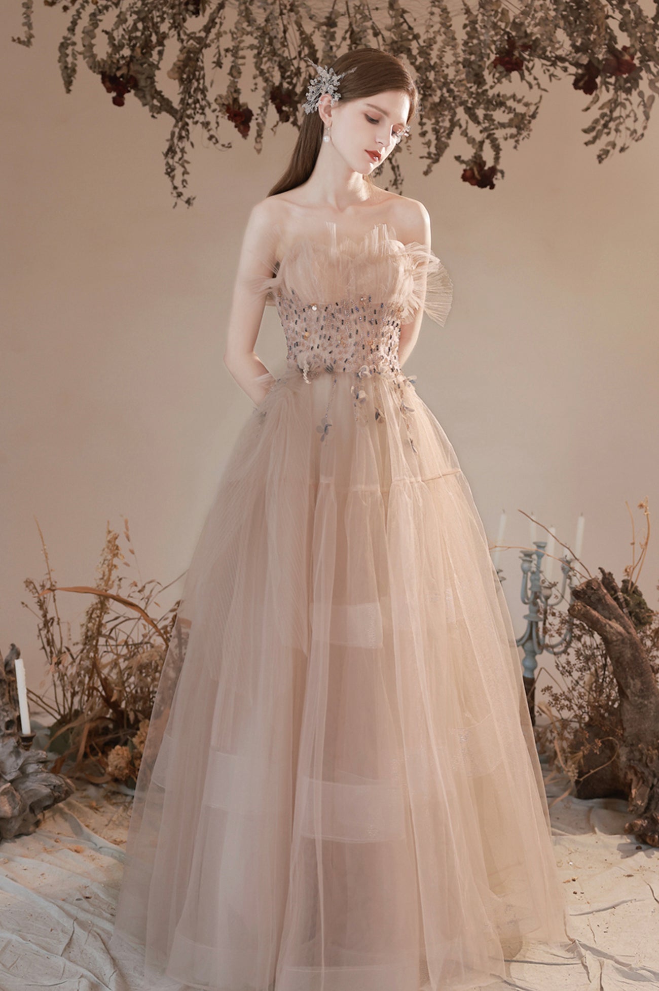Champagne Strapless Tulle Long Prom Dress with Beaded, A-Line Evening Party Dress