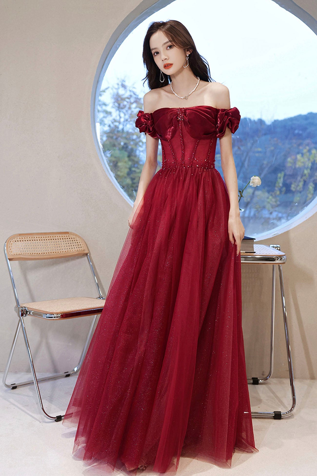 Burgundy Off the Shoulder Prom Dress Sparkly Party Dress, A-line Evening Dress