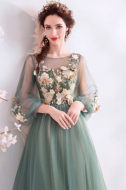 Green Scoop Neckline Lace Evening Dress, A-Line Long Sleeve Prom Dress
