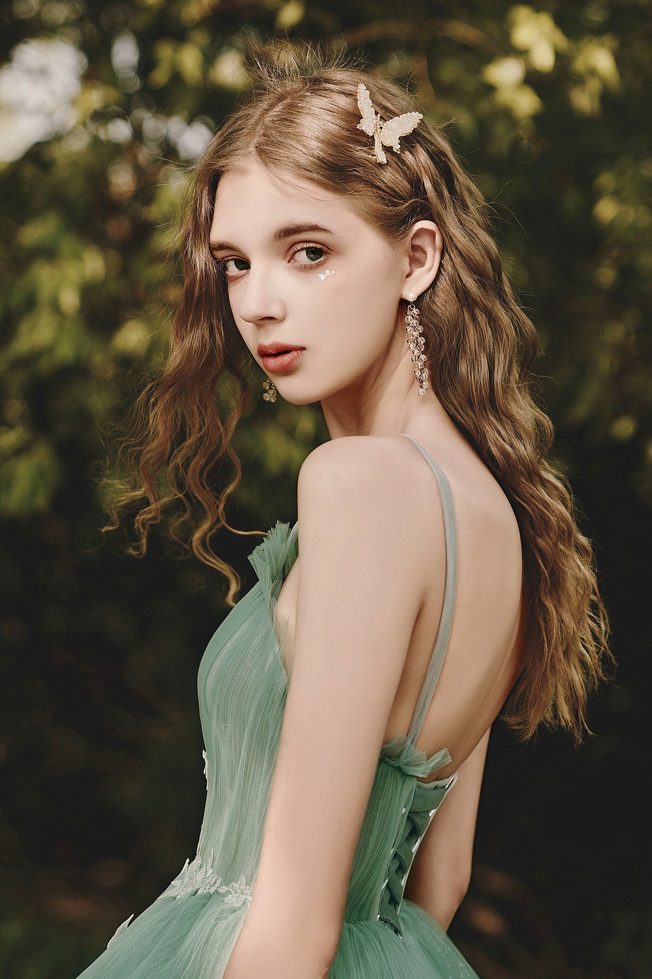 Green Tulle Long A-Line Prom Dress with Lace, Beautiful Spaghetti Strap Graduation Dress