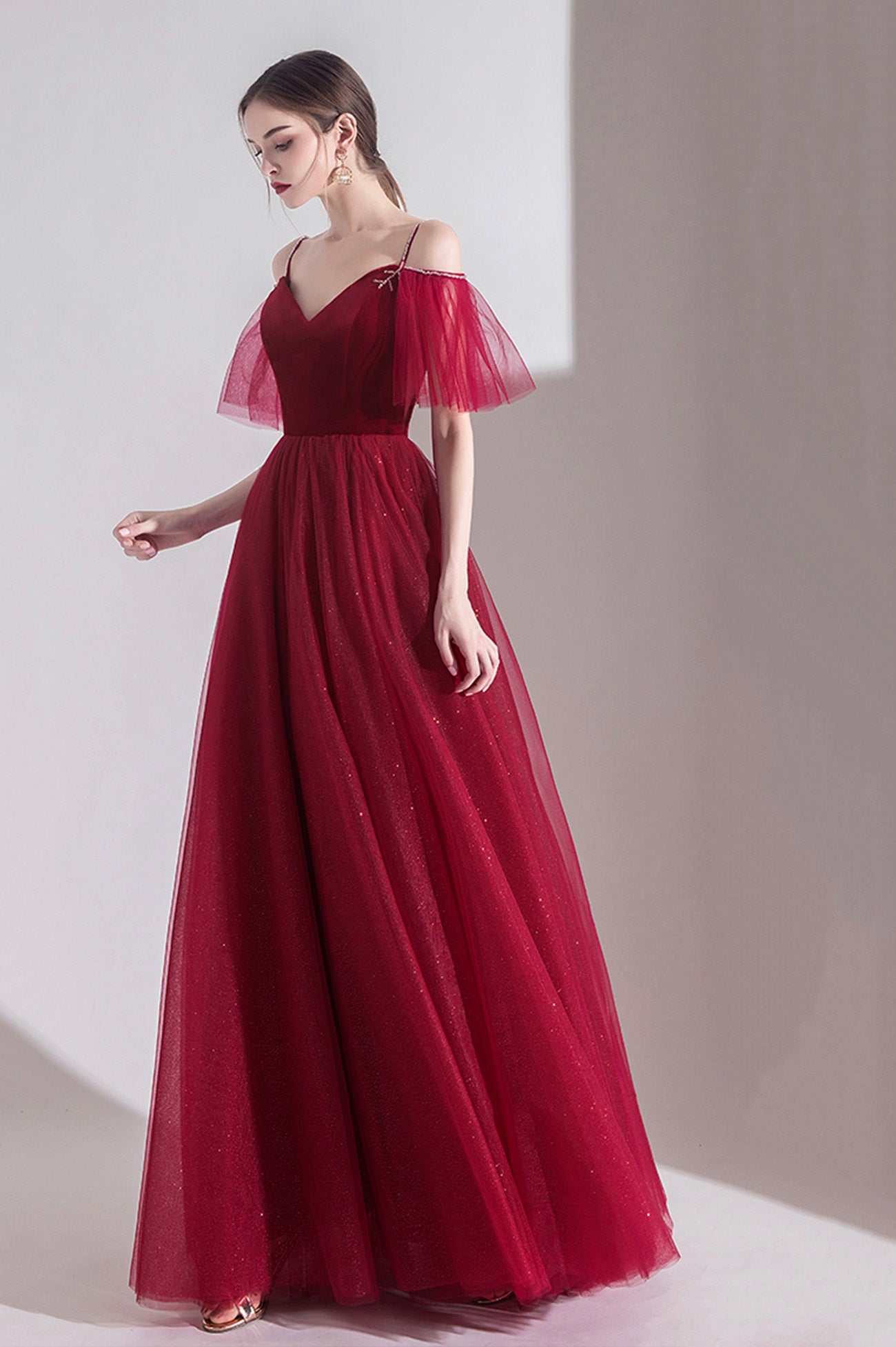 Burgundy Velvet Tulle Long A-Line Prom Dress, V-Neck Evening Dress