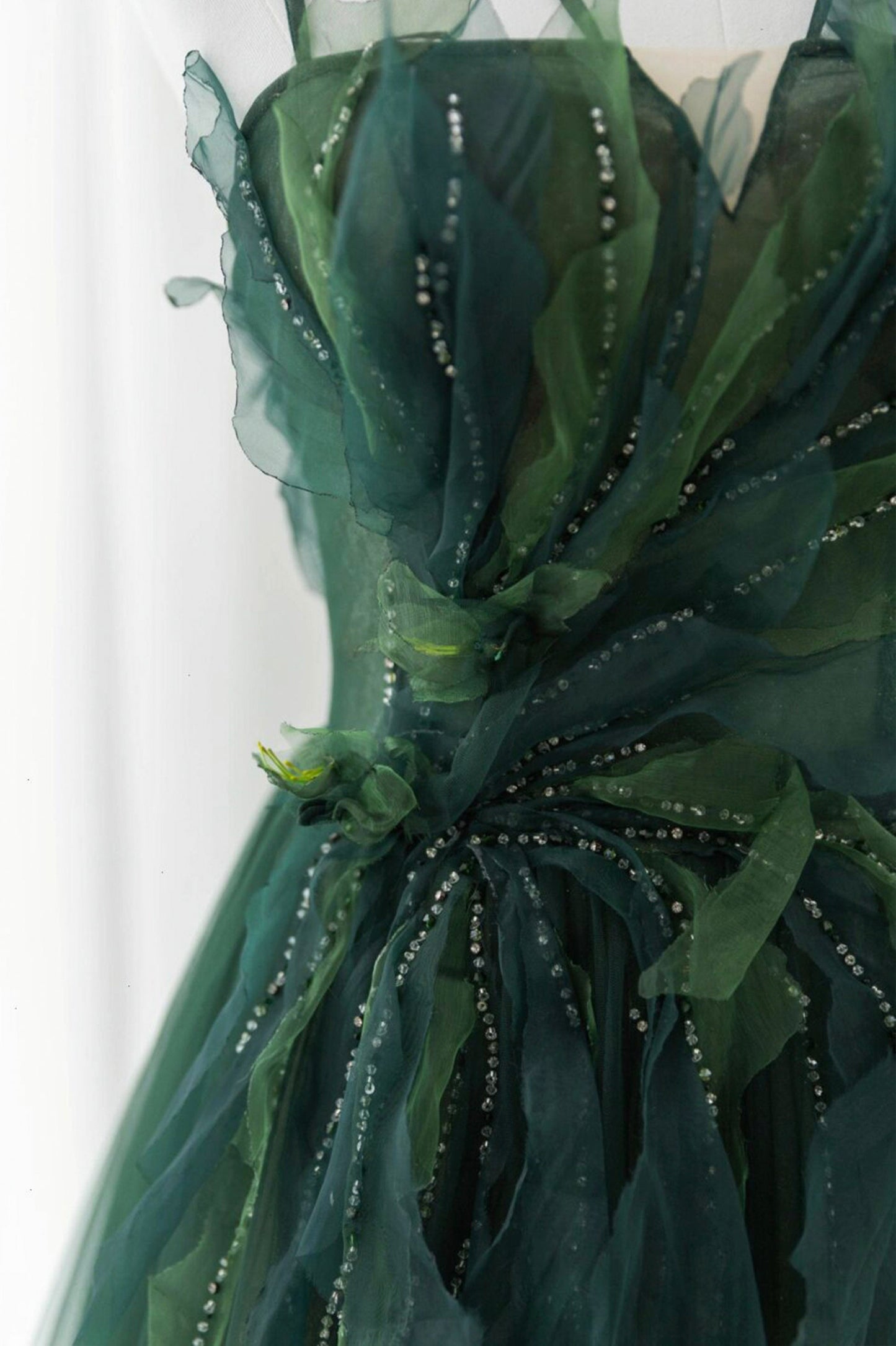 Green Tulle Long A-Line Prom Dress, Beautiful Spaghetti Straps Evening Dress