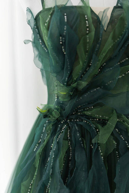 Green Tulle Long A-Line Prom Dress, Beautiful Spaghetti Straps Evening Dress