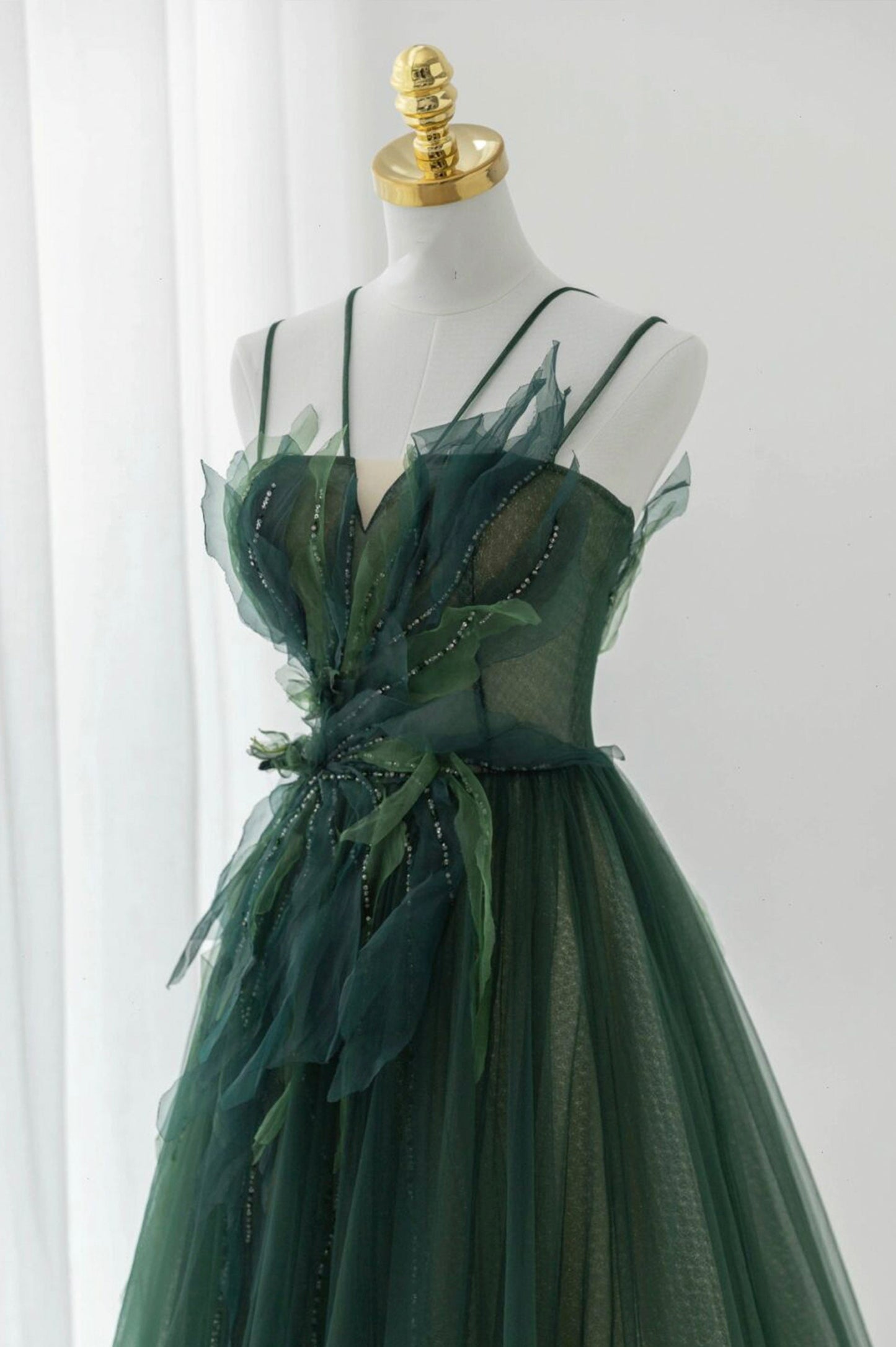 Green Tulle Long A-Line Prom Dress, Beautiful Spaghetti Straps Evening Dress