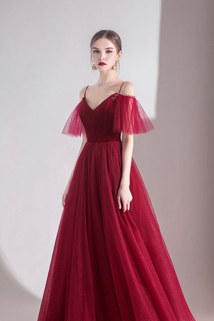 Burgundy Velvet Tulle Long A-Line Prom Dress, V-Neck Evening Dress