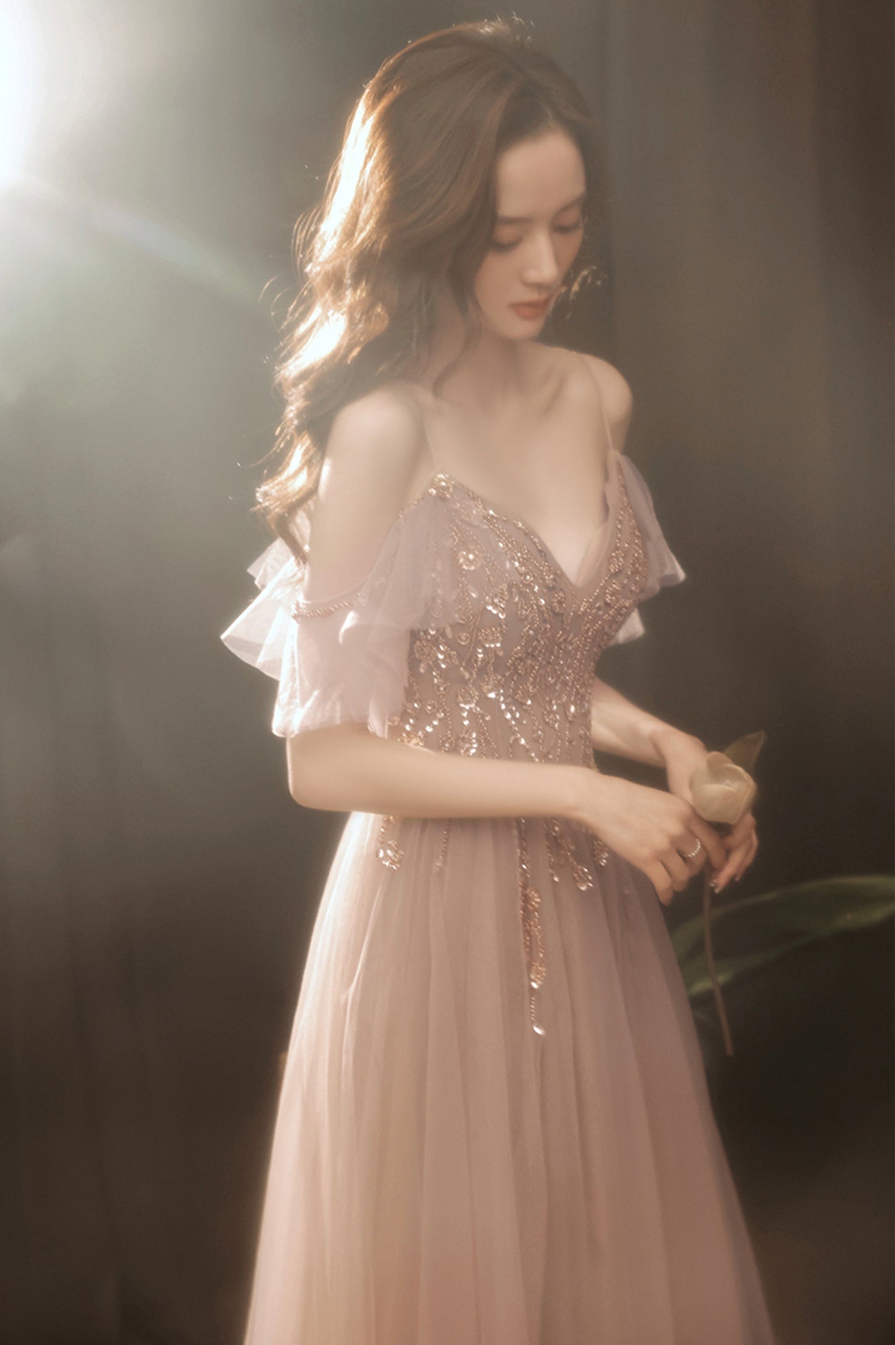 A-Line Tulle Long Prom Dress with Beaded, V-Neck Spaghetti Straps Evening Dress