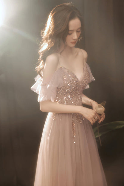 A-Line Tulle Long Prom Dress with Beaded, V-Neck Spaghetti Straps Evening Dress