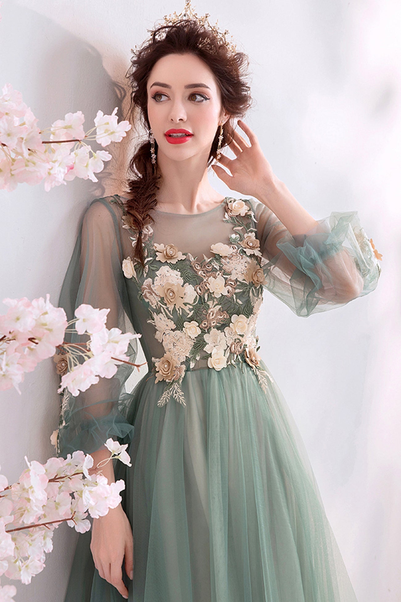 Green Scoop Neckline Lace Evening Dress, A-Line Long Sleeve Prom Dress