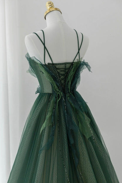 Green Tulle Long A-Line Prom Dress, Beautiful Spaghetti Straps Evening Dress