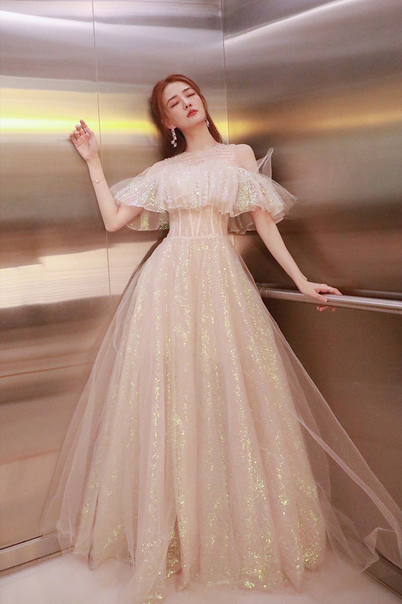 Cute Tulle Long Prom Dress, Shiny A-Line Evening Graduation Dress