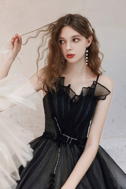 Black Tulle Long A-Line Prom Dress, A-Line Spaghetti Strap Evening Party Dress