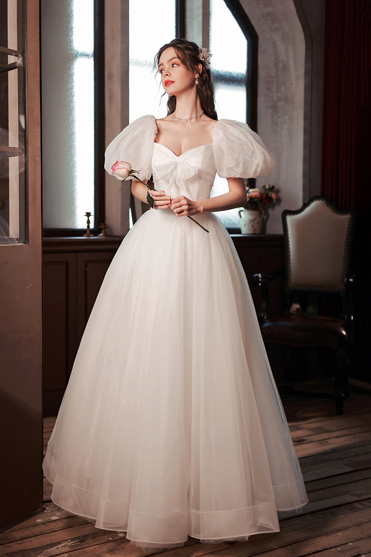 White Tulle Long Prom Dress, Lovely A-Line Puff Sleeve Evening Dress