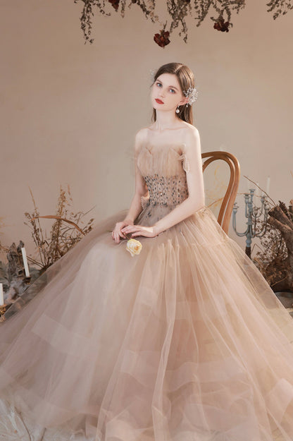 Champagne Strapless Tulle Long Prom Dress with Beaded, A-Line Evening Party Dress